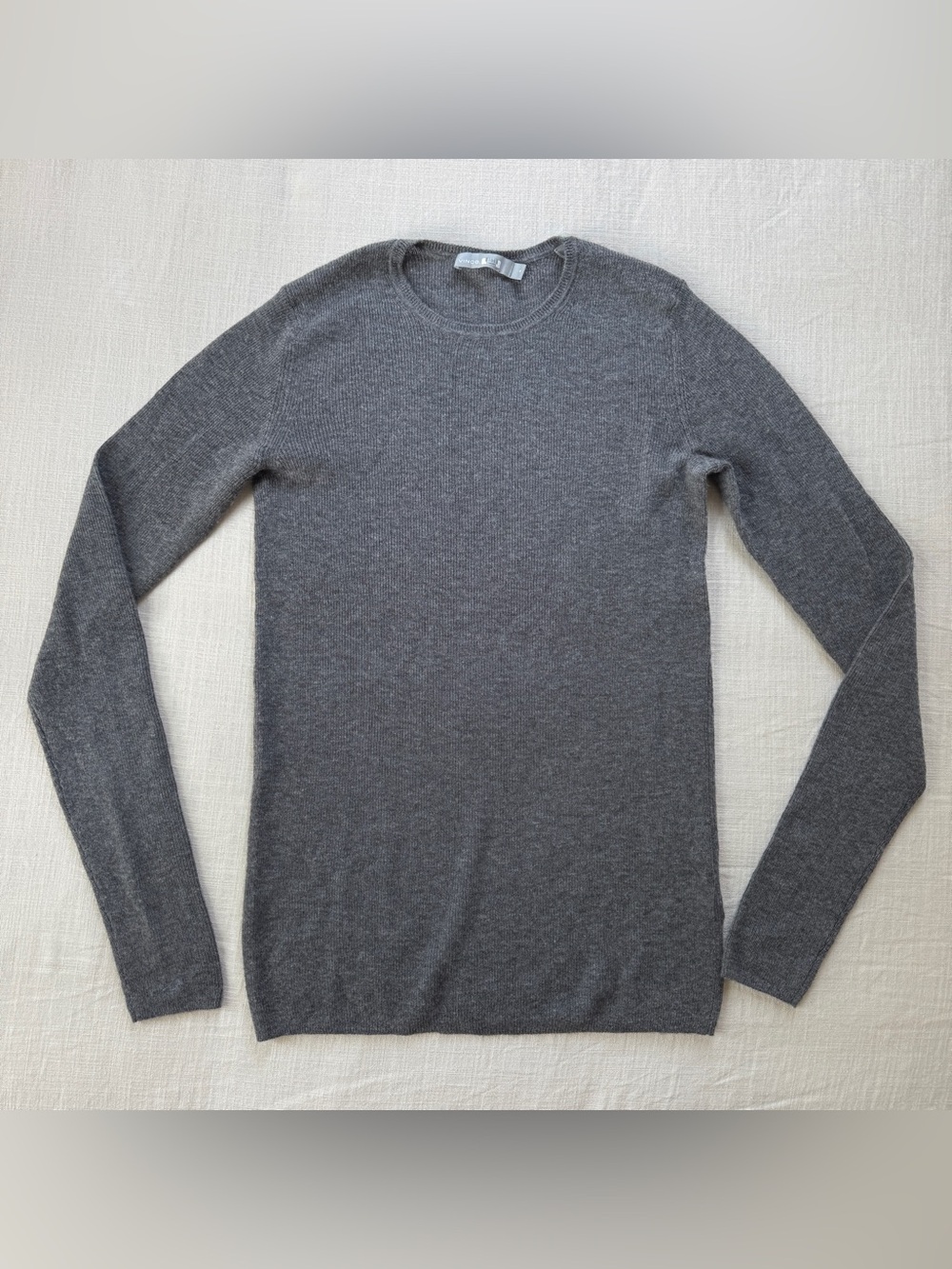 Vince 100% Cashmere Ribbed Crewneck Sweater Gray Size M Fitted Basic Minimal